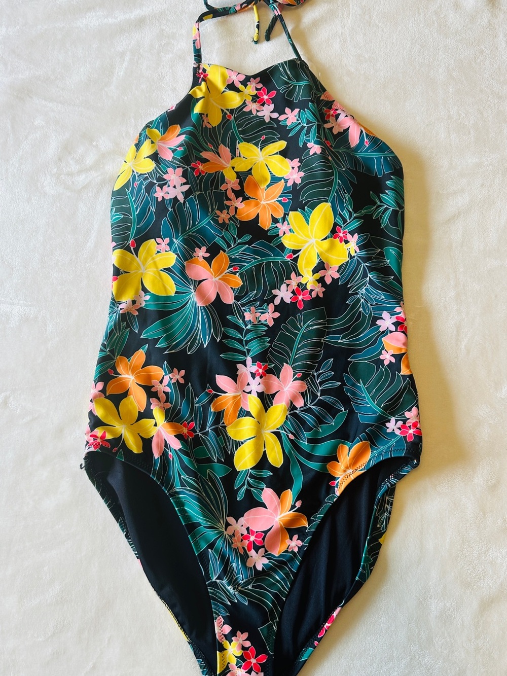 Old Navy Black One-Piece Swimsuit with Yellow & Pink Tropical Flowers